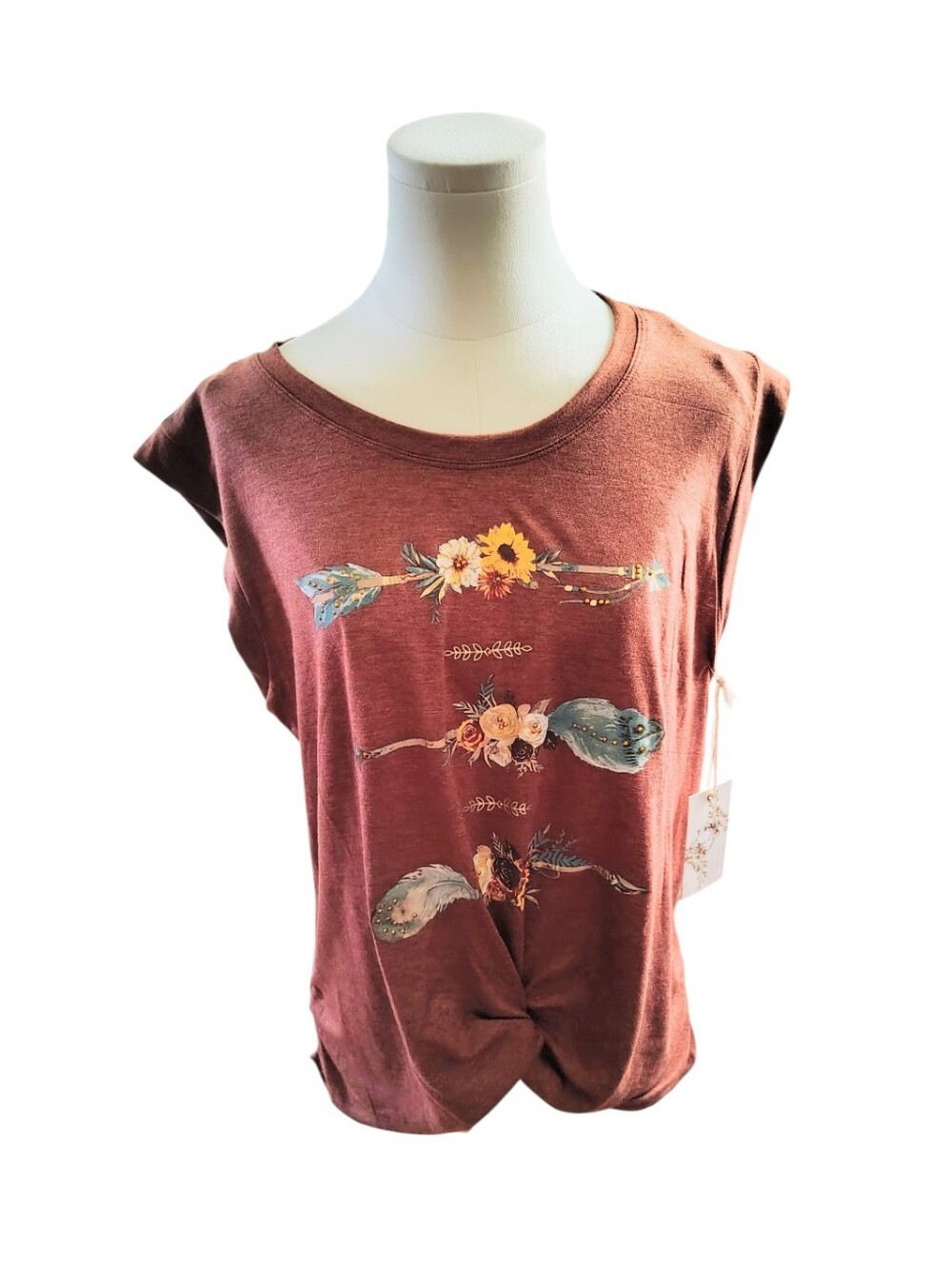 True Self Western Cowgirl Rustic Tan Tee With Pink Flowers & Blue Jewel Feathers